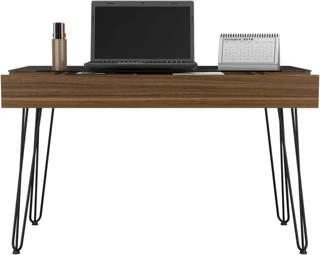 Alt view image 4 of 7 - FM FURNITURE Kyoto 120 Desk, For An Office Or Home Office, Abstract Steel Legs, 1  Drawer, Mahonany Finish, Pore Texture, Particle Board, Easy To Assamble.