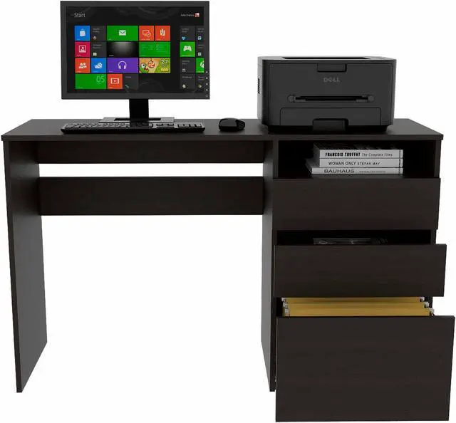 Alt view image 4 of 6 - FM FURNITURE Louisiana Computer Desk,  For An Office Or Home Office, With 3 Drawers, And 1 Shelf, Black Wengue Finish, Particle Board, Wood Texture, Easy To Assamble.