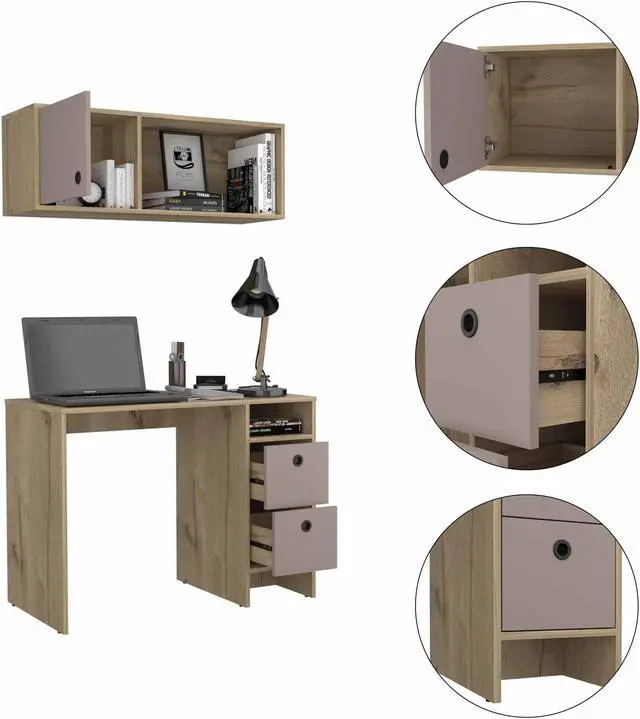 Alt view image 3 of 6 - FM FURNITURE Tokyo Office Set, For An Office Or Home Office, 3 Drawers, 1  Shelf, Separated Complement, Modern Desing, Light Oak- Taupe Finish, Particle Board, Pore-Mate Texture, Easy To Assamble.