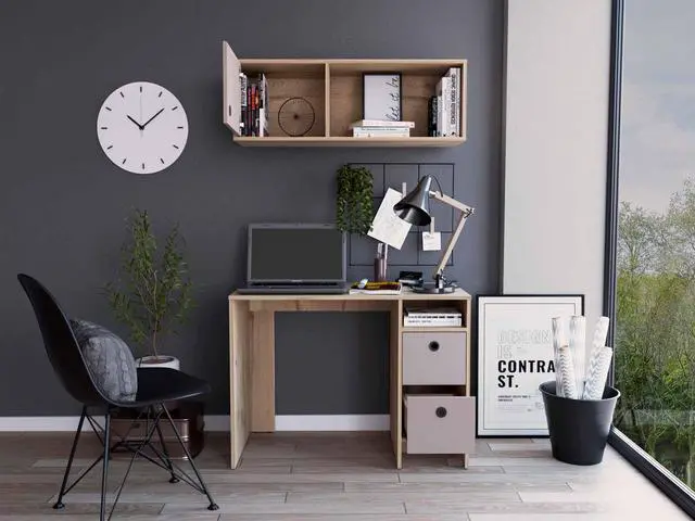 Alt view image 2 of 6 - FM FURNITURE Tokyo Office Set, For An Office Or Home Office, 3 Drawers, 1  Shelf, Separated Complement, Modern Desing, Light Oak- Taupe Finish, Particle Board, Pore-Mate Texture, Easy To Assamble.