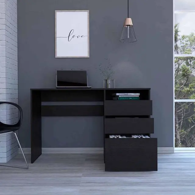 Main image of FM FURNITURE Louisiana Computer Desk,  For An Office Or Home Office, With 3 Drawers, And 1 Shelf, Black Wengue Finish, Particle Board, Wood Texture, Easy To Assamble.