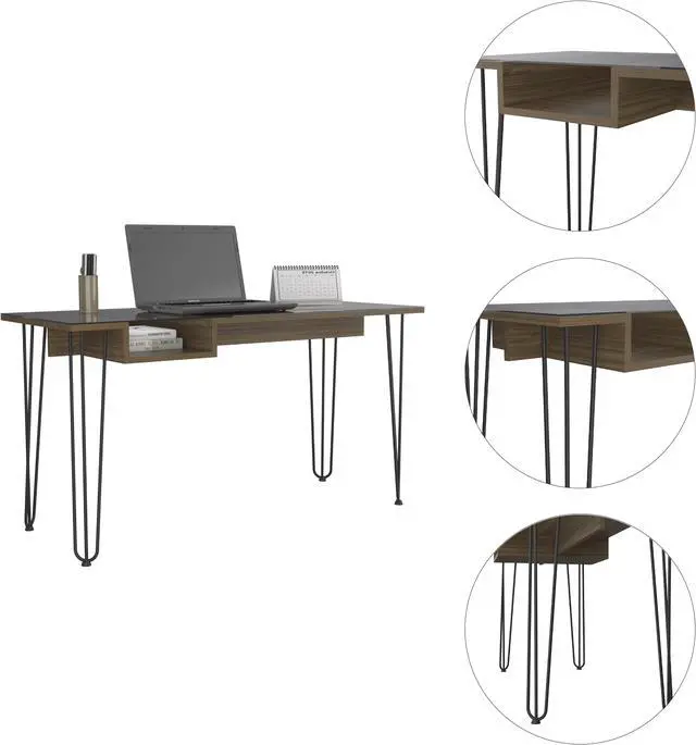 Alt view image 2 of 7 - FM FURNITURE Kyoto 140 Desk, For An Office Or Home Office, Abstrac Steel Legs, Mahogany Finish, Particle Board, Pore texture, Easy To Assamble.