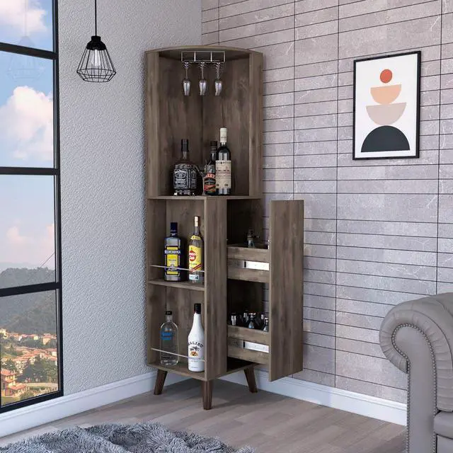 Alt view image 2 of 6 - Quinn Corner Bar Cabinet, Two External Shelves, One Drawer, Rack