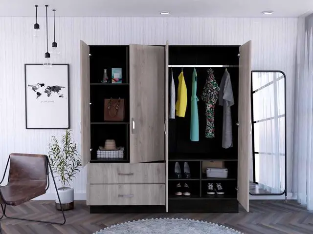 Alt view image 2 of 6 - Florencia L Mirrored Armoire, Two Cabinets With Divisions, Two Drawers