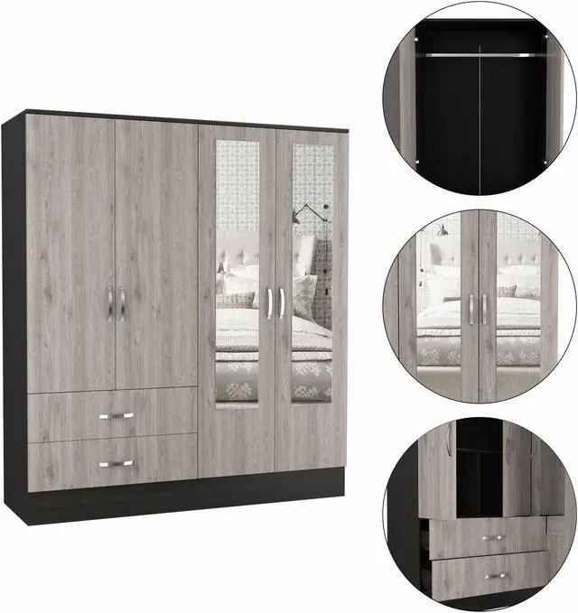 Alt view image 3 of 6 - Florencia L Mirrored Armoire, Two Cabinets With Divisions, Two Drawers