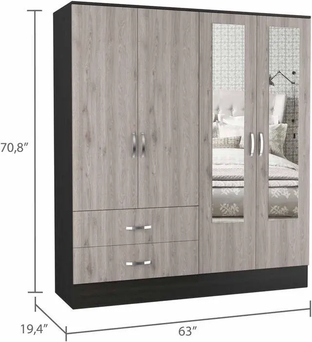Alt view image 6 of 6 - Florencia L Mirrored Armoire, Two Cabinets With Divisions, Two Drawers
