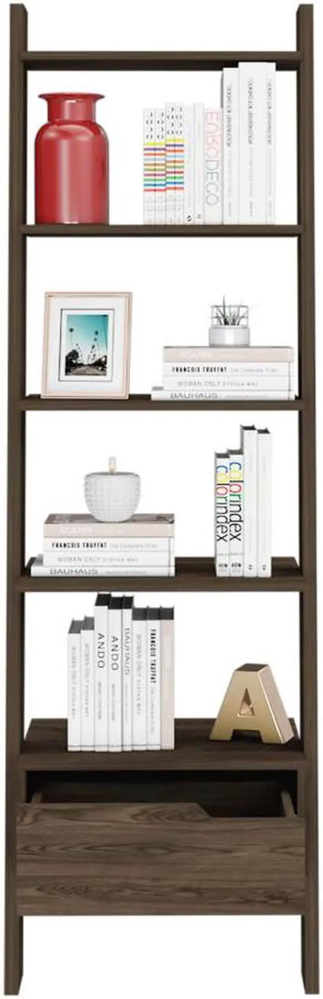 Alt view image 5 of 6 - Hamburg Ladder Bookcase, Five Open Shelves, One Drawer