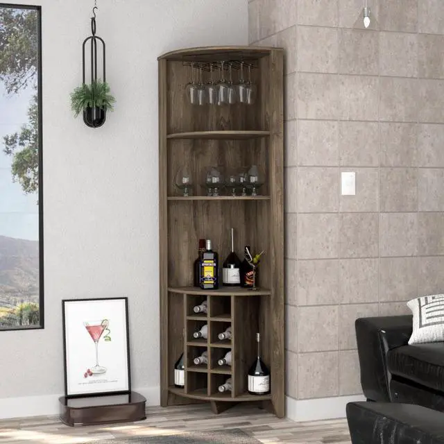 Alt view image 6 of 6 - Bouvet Corner Bar Cabinet, Three Shelves, Eight Wine Cubbies, Two Side Shelves