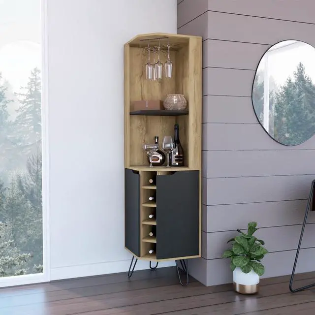 Main image of Grace Corner Bar Cabinet, Six Wine Cubbies, Four Shelves, Door, Two Shelves