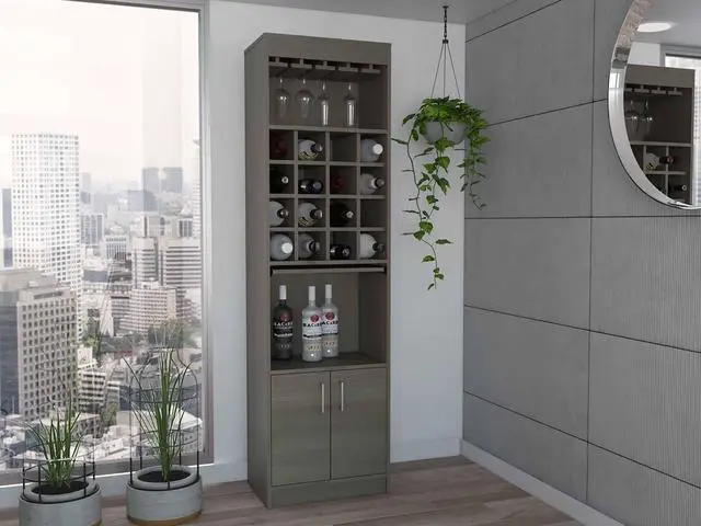 Alt view image 6 of 6 - Illinois Bar Cabinet, Six Bottle Cubbies, One Cabinet , Eight Wine Glass Racks, One Open Shelf