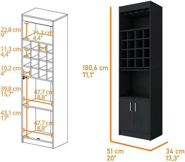 Alt view image 5 of 6 - Kabul Kava Bar Cabinet, Two Shelves, Double Door Cabinet, Six Wine Cubbies