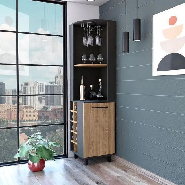 Main image of Leah Corner Bar Cabinet, Two Shelves, Ten Wine Cubbies, Single Door Cabinet, Two Interior Shelves