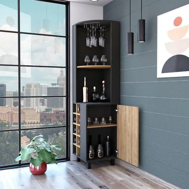Alt view image 2 of 6 - Leah Corner Bar Cabinet, Two Shelves, Ten Wine Cubbies, Single Door Cabinet, Two Interior Shelves