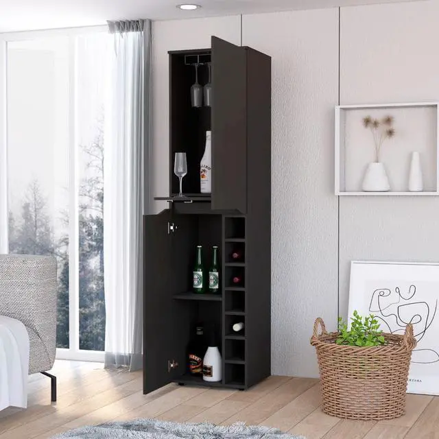 Main image of Maya Tall Bar Cabinet, Seven Wine Cubbies, Extendable Shelf, Double Door Cabinet