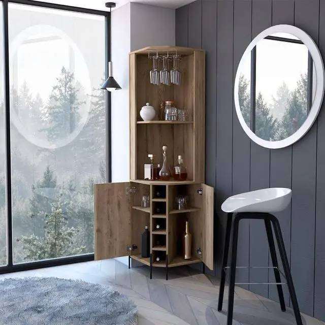 Alt view image 2 of 6 - Reese Corner Bar Cabinet, Two Shelves, Double Door Cabinet, Five Wine Cubbies