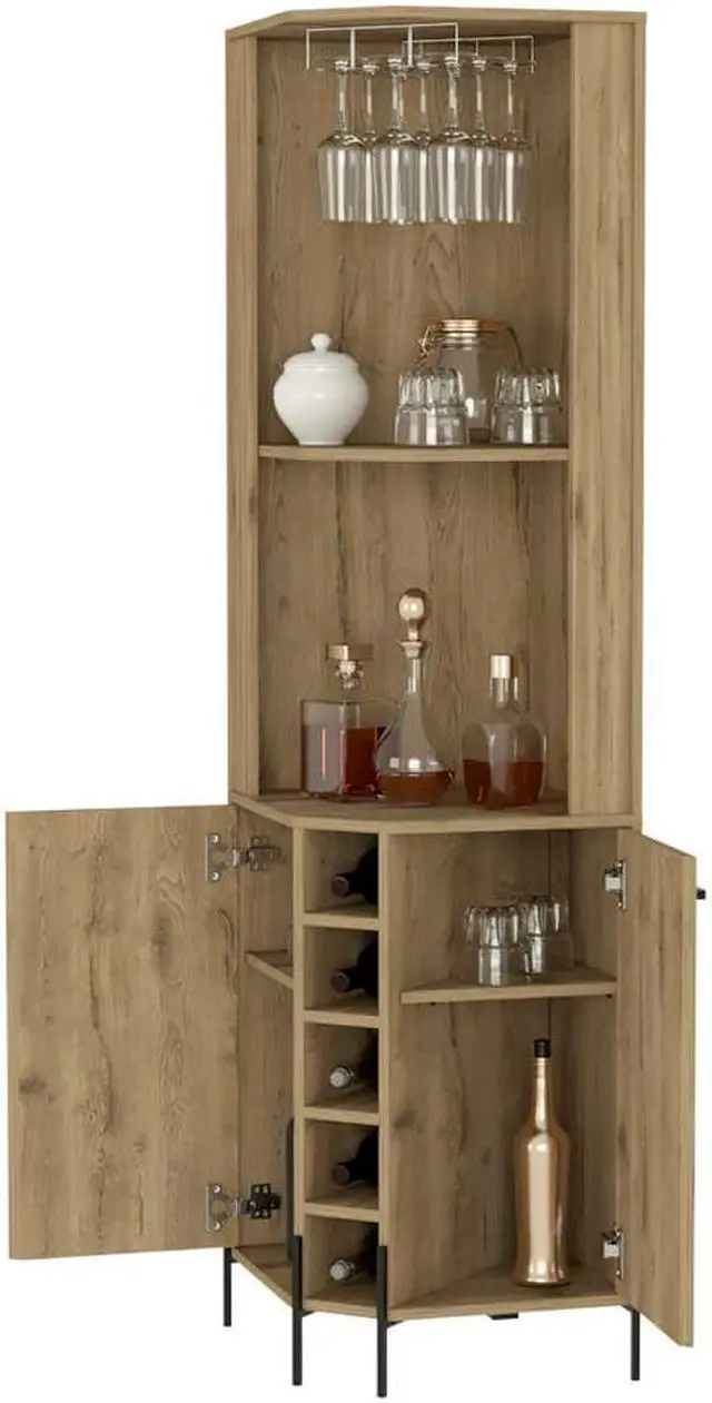 Alt view image 5 of 6 - Reese Corner Bar Cabinet, Two Shelves, Double Door Cabinet, Five Wine Cubbies