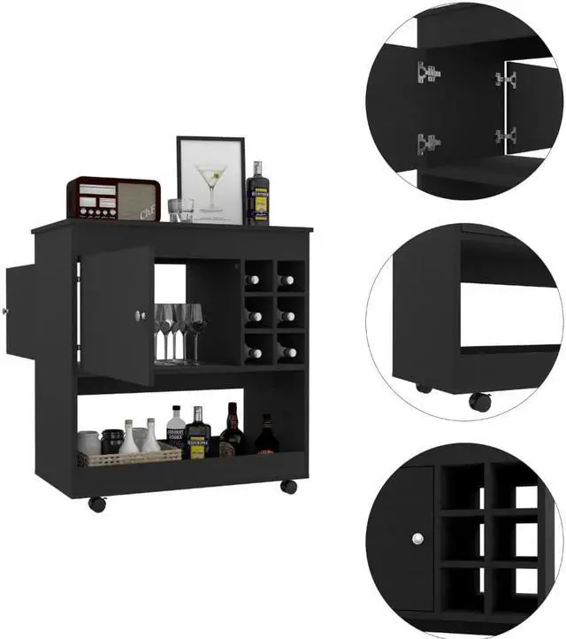 Alt view image 3 of 6 - Texas Bar Cart, One Cabinet, Six Bottle Cubbies, Four Casters