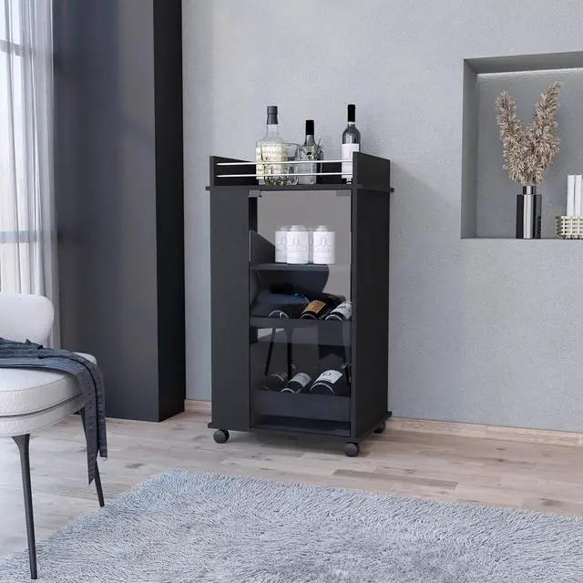 Main image of FM FURNITURE Lusk Bar Cart with 2-Bottle Holder Shelf, Glass Door and Casters, Black -Living Room