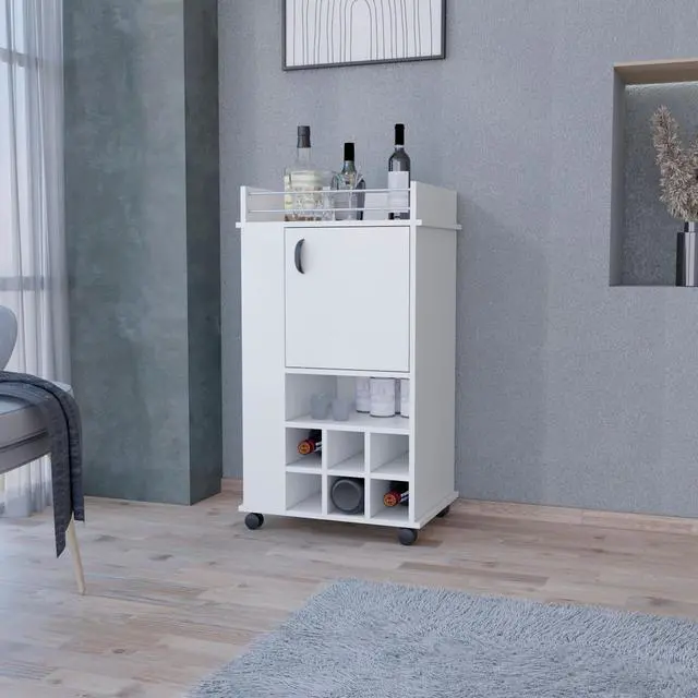 Main image of FM FURNITURE Farson Bar Cart with 2-Side Shelf, 6-Built In Wine Rack and Casters, White -Living Room