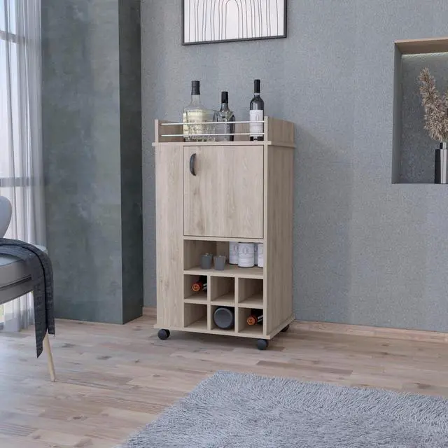 Main image of FM FURNITURE Farson Bar Cart with 2-Side Shelf, 6-Built In Wine Rack and Casters, Light Gray -Living Room