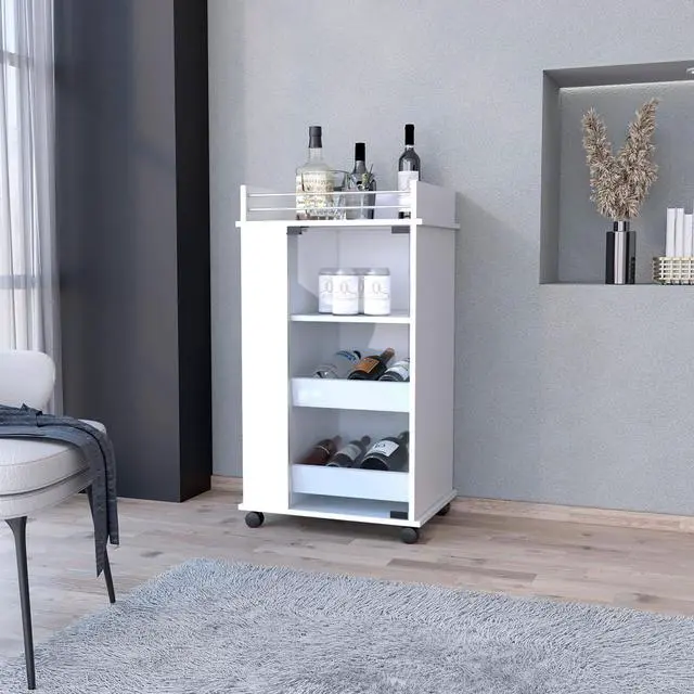 Main image of FM FURNITURE Lusk Bar Cart with 2-Bottle Holder Shelf, Glass Door and Casters, White -Living Room