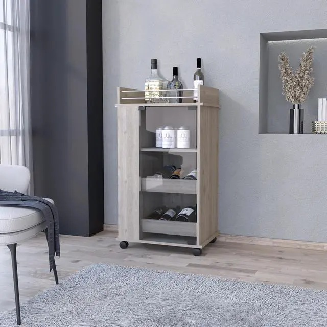 Main image of FM FURNITURE Lusk Bar Cart with 2-Bottle Holder Shelf, Glass Door and Casters, Light Gray -Living Room