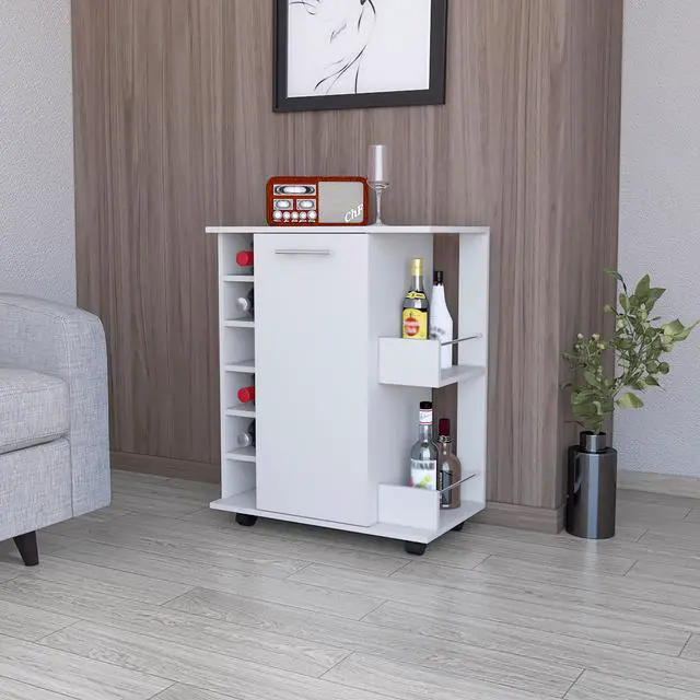 Main image of FM FURNITURE Newport Bar Cart with Casters, 6-Built In Wine Rack and 2 Open Shelves, Black -Living Room