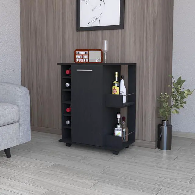 Main image of FM FURNITURE Newport Bar Cart with Casters, 6-Built In Wine Rack and 2 Open Shelves, White -Living Room
