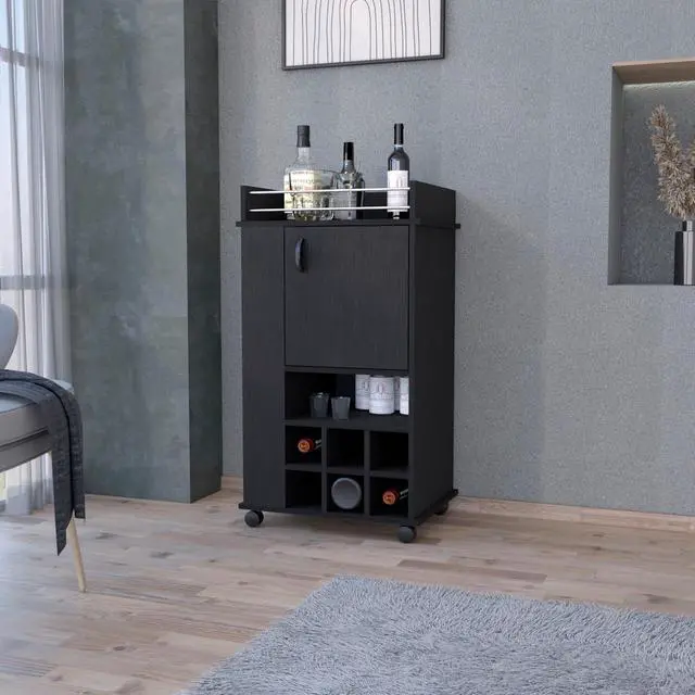 Main image of FM FURNITURE Farson Bar Cart with 2-Side Shelf, 6-Built In Wine Rack and Casters, Black -Living Room