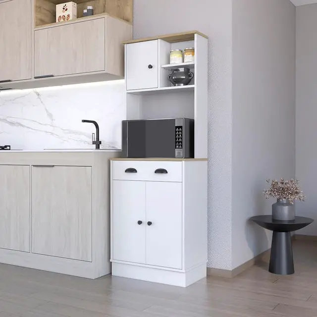 Main image of FM FURNITURE Powell Microwave Kitchen Cabinet, White / Macadamia -Kitchen