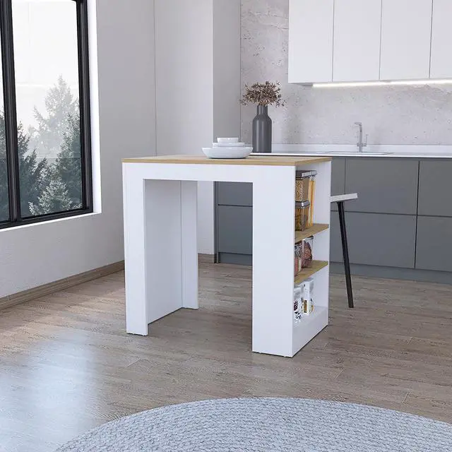 Alt view image 2 of 7 - Harlan Kitchen Island, Counter Height Table Top with 3-Side Shelf