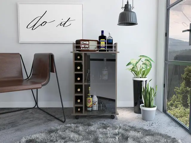Alt view image 3 of 6 - Vegas Smoky Oak Bar Cart of particle board with a Smoeky Oak finish.