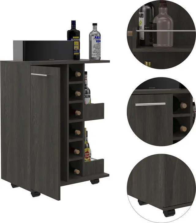 Alt view image 3 of 7 - Tennessee Charcoal-Color Bar Cart made of particle board with a Carbon-Espresso.