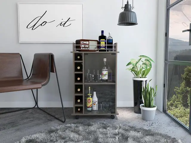 Alt view image 2 of 6 - Vegas Smoky Oak Bar Cart of particle board with a Smoeky Oak finish.