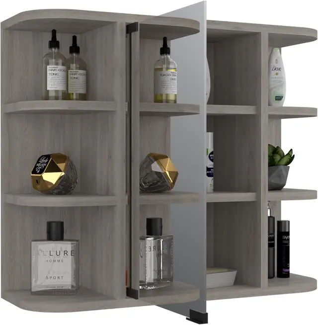 Alt view image 3 of 6 - Valdez Medicine Cabinet With 6 shelves, and A Mirror Cabinet with 3 inside shelves - Light Gray