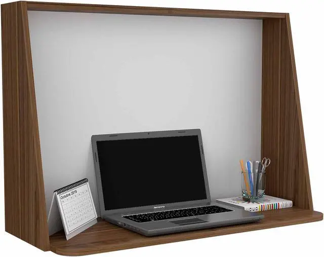Alt view image 3 of 8 - FM FURNITURE Roma Wall Desk, For An Office Or Home Office, Mahogany - Glossy White Finish, Particle Board, Pore Soft Texture, Easy To Assamble.
