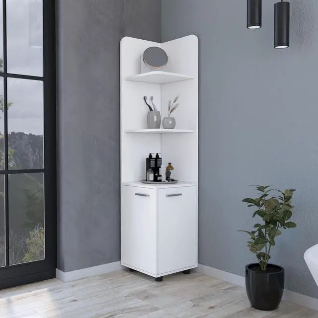 Alt view image 3 of 6 - Sunriver Corner Shelf with Cabinet, 3-Tier Shelf, Metal Handles