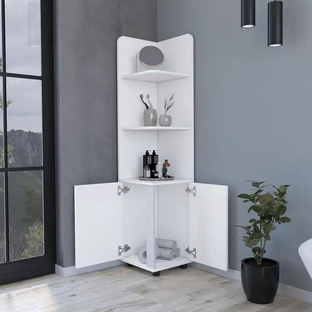 Alt view image 4 of 6 - Sunriver Corner Shelf with Cabinet, 3-Tier Shelf, Metal Handles