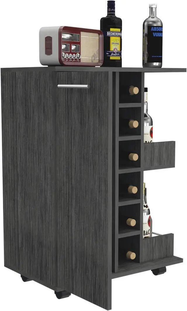 Alt view image 2 of 7 - Tennessee Bar Cart made of particle board With 1 Cabinet With Division, 6 Cubbies For liquor And 2 shelves