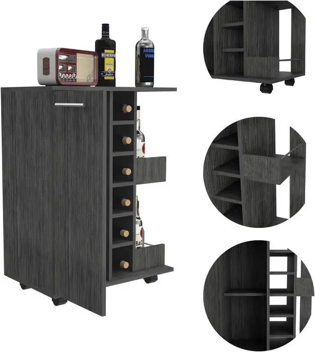 Alt view image 5 of 7 - Tennessee Bar Cart made of particle board With 1 Cabinet With Division, 6 Cubbies For liquor And 2 shelves