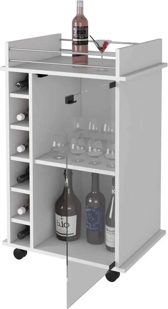 Alt view image 5 of 7 - Vegas Bar Cart, Two Tier Cabinet With Glass Door, Six Cubbies For Liquor