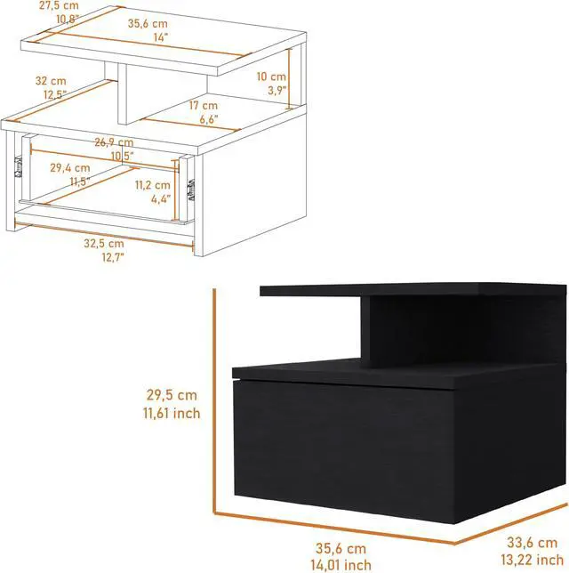 Alt view image 7 of 7 - Augusta Floating Nightstand, 2-Tier Shelf, 1-Drawer