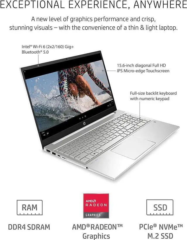 Alt view image 2 of 6 - HP 2021 Pavilion Laptop, 15.6" FHD Touchscreen, AMD Ryzen 5 5500U Processor 2.1GHz to 4.0GHz, 16GB RAM, 512GB SSD, Webcam, B&O Audio, WiFi 6, Bluetooth, Backlit Keyboard, Numeric Keypad, Win 10 Home