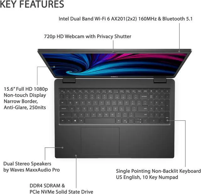 Alt view image 3 of 6 - 2021 Newest Dell Business Laptop Latitude 3520, 15.6" FHD IPS Backlit Display, i7-1165G7, 64GB RAM, 1TB PCIe SSD, Webcam, WiFi 6, USB-C, HDMI, Win 10 Pro