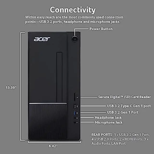 Alt view image 5 of 6 - Acer Newest 13th Generation i5 Home & Business Tower Desktop computer, 13th Gen Intel Core i5-13400,  16GB RAM, 1TB SSD, Wi-Fi 6, HDMI, Wired keyboard and mouse, Windows 11 Home, Black