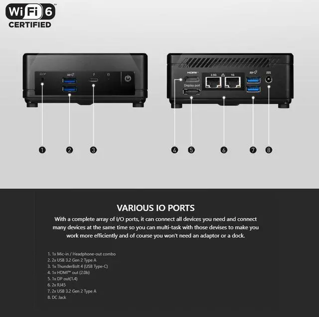Alt view image 4 of 6 - MSI Cubi B0A8 Micro Form Factor Business Desktop, 12th Gen Intel i5-1235U Processor, 16GB RAM, 512GB SSD, Wi-Fi 6, HDMI, Display Port, RJ-45, VESA Mount, Windows 11 Pro, Black