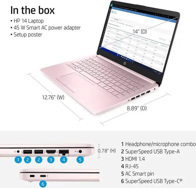 Alt view image 3 of 6 - HP Portable Laptop, Student and Business, 14" HD Display, Intel Celeron N4120, 16GB RAM, 64GB eMMC, 1 Year Office 365, Webcam, HDMI, Wi-Fi, RJ-45, Windows 11 Home, Pink