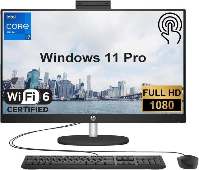 Main image of HP Essential All-in-One Desktop, 27" FHD Touchscreen, Intel Core i7-1355U, 64GB RAM, 2TB PCIe SSD, Wi-Fi 6, Wired Keyboard & Mouse, Windows 11 Pro, Black
