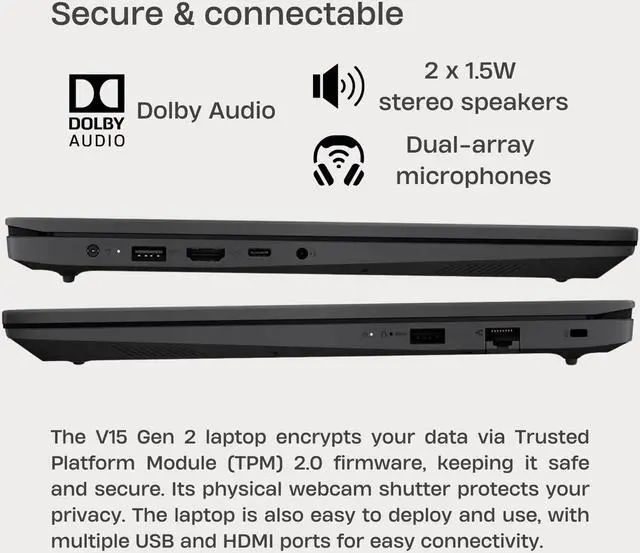 Alt view image 4 of 4 - LENOVO V-Series V15 Gen 2 Business Laptop, 15.6" FHD Display, Intel Celeron N4500, 16GB RAM, 512GB SSD, Webcam, HDMI, Wi-Fi, Windows 11 Pro, Black