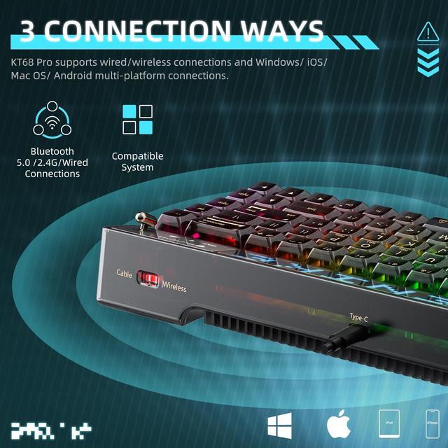 Alt view image 2 of 5 - Machenike KT68 Pro 65% RGB Wireless Compact Mechanical Gaming Keyboard, Customizable LED Screen, 3-Modes 68 Keys Hot Swappable Gateron Brown Switch,Transparent Keycaps, Win/Mac, Black
